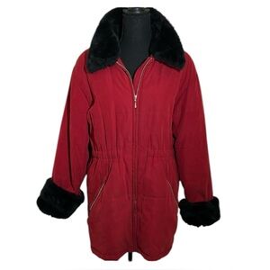 Red with black faux fur Jacket. Great condition size small.